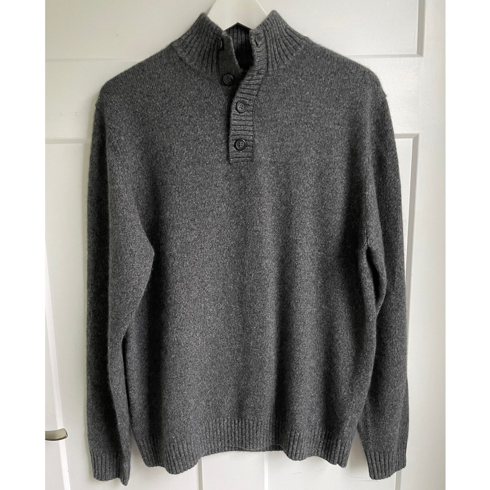 Glen Lyon Cashmere Henley Button Neck Sweater M Charcoal Gray Mock Pullover
